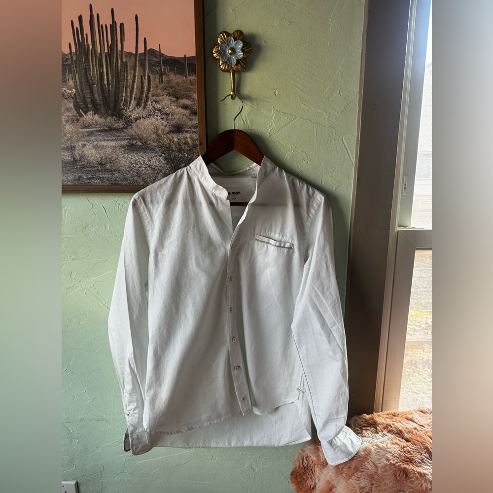 Fil Noir Italian Women’s White w/ Grey Micro Dots Band Collar Shirt, Size 34 XS